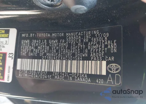 2010 Toyota Corolla S z USA, uszkodzony, nr VIN 2T1BU4EEXAC301584